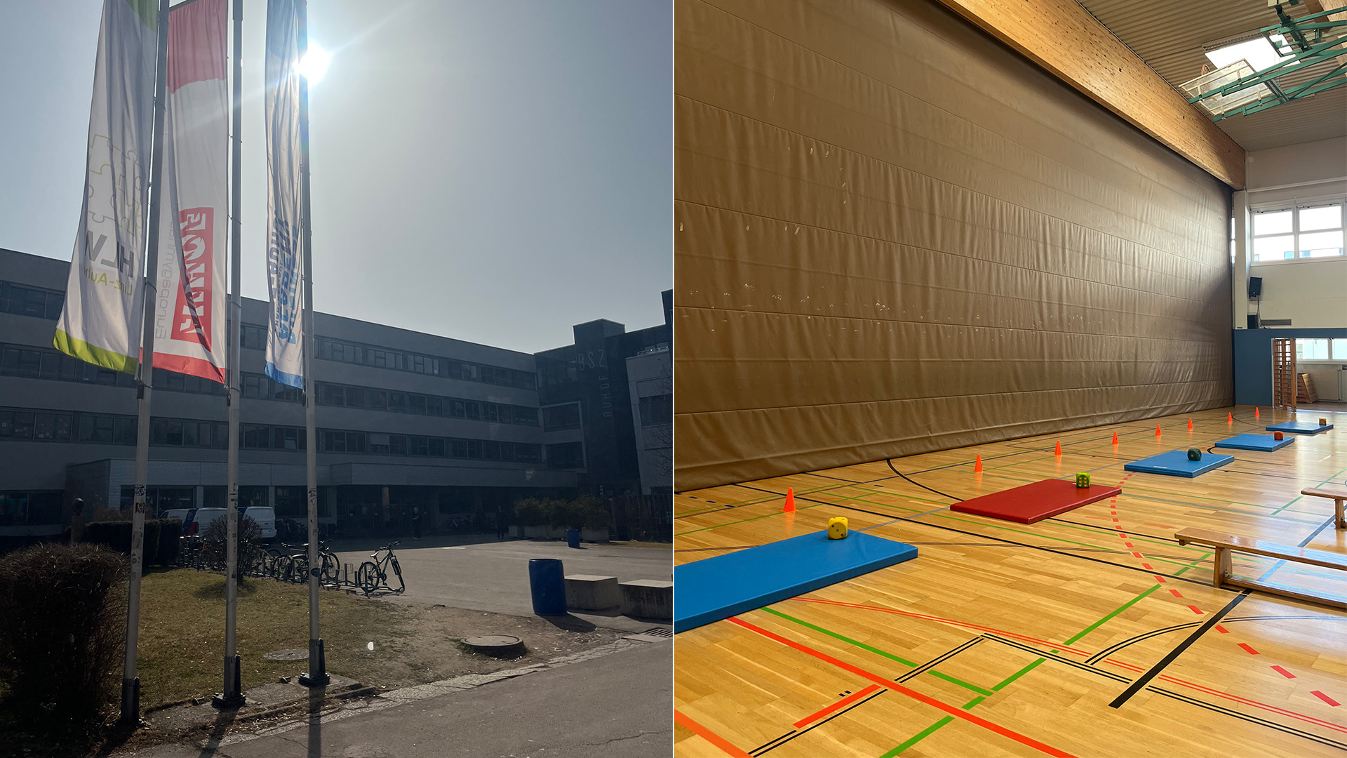 Bilete av skulen og inne i gymsal