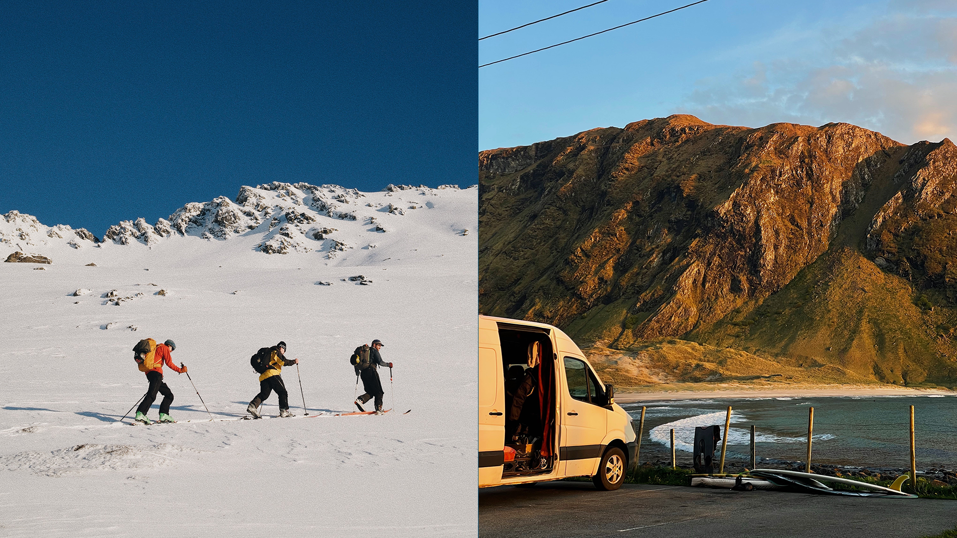 Et bilde sammensatt av to. Det til venstre er av tre venner som g&aring;r p&aring; ski. Det til h&oslash;yre er av en campervan i Hoddevik. 