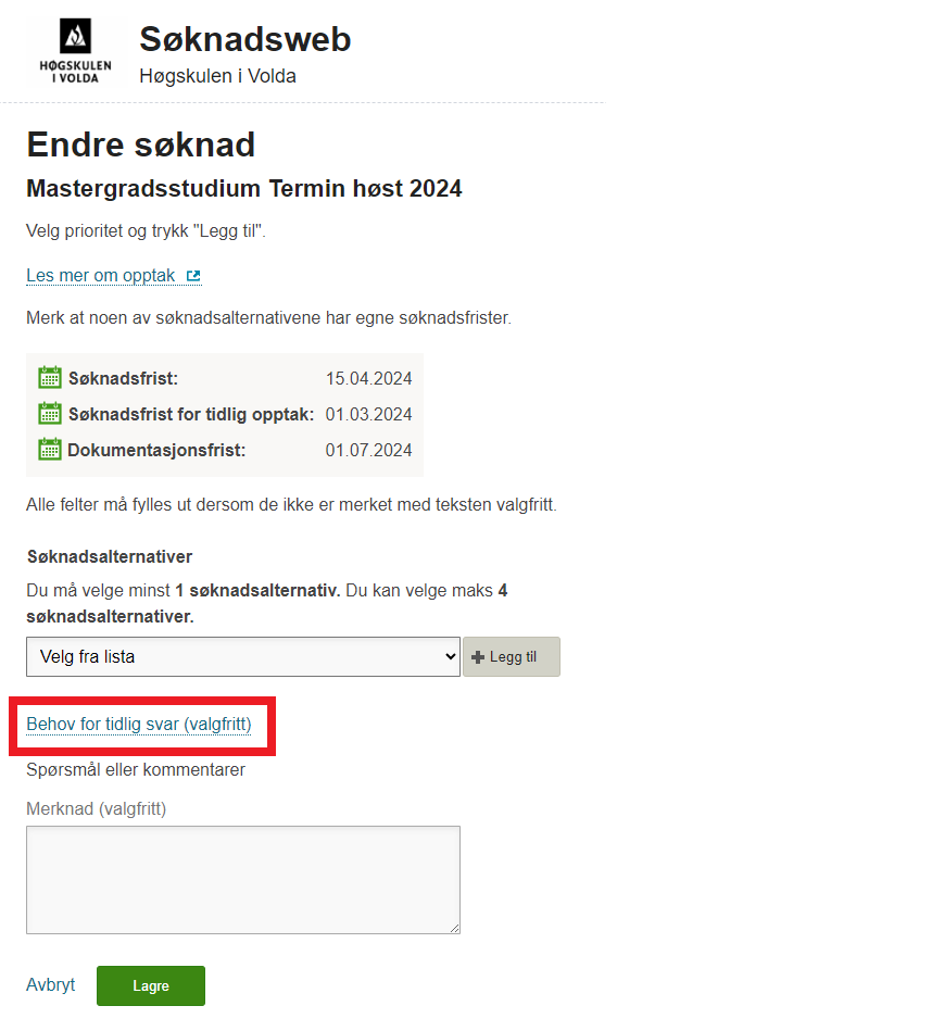 Skjermdump fra S&oslash;knadsweb
