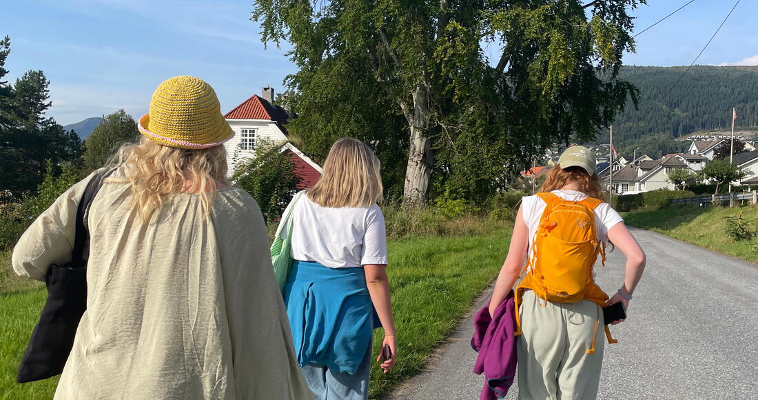 Tre damer bakfra som g&aring;r langs veg.